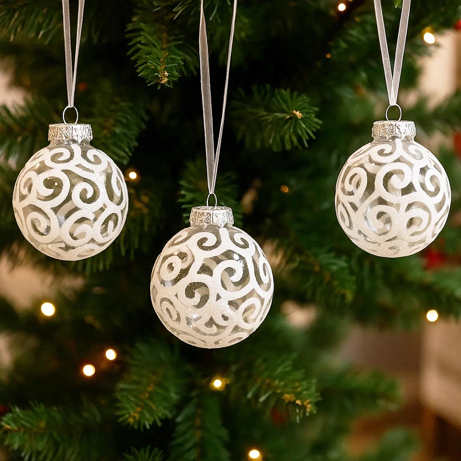 SLEETLY 30pk White Swirl Transparent Clear Baubles for Farmhouse Christmas Tree Holiday Xmas Decorations - Shatterpoof Plastic 60mm Glitter Snowballs and 80mm Snowflake Ornaments