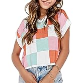 Seiciviy Girls Spring Sweaters Vest Crop Tops Color Block Cap Sleeve Crew Neck Casual Summer Trendy Knit Cute Shirts 7-14Y
