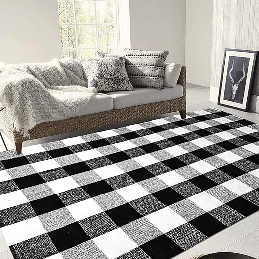 MELAJIA Buffalo Plaid Rug Black and White Checkered Rug Cotton Area