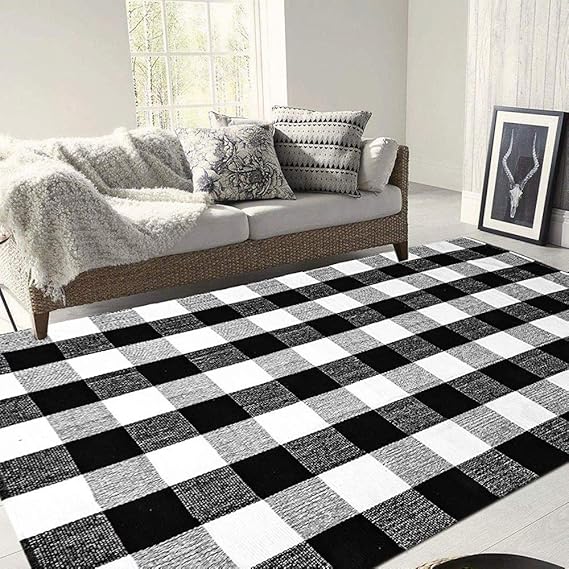 MELAJIA Buffalo Plaid Rug Black and White Checkered Rug Cotton Area