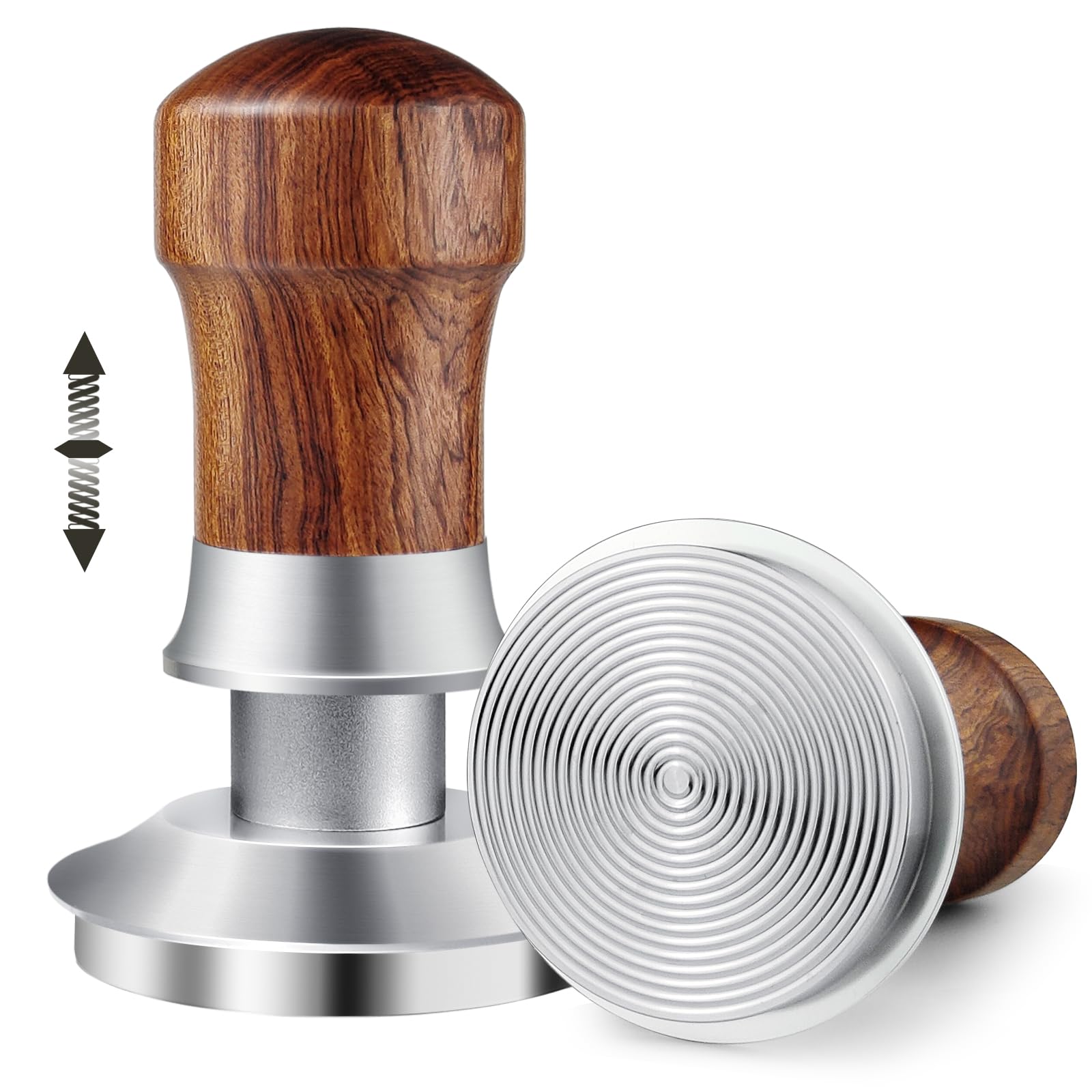 HOLIHOKY Coffee Tamper 54mm, Spring Loaded 54mm Tamper, 30lbs Calibrated Constant Pressure Espresso Tamper for Sage 54mm Portafilter, 304 Stainless Steel Threaded Base, Walnut Wood Handle, Silver