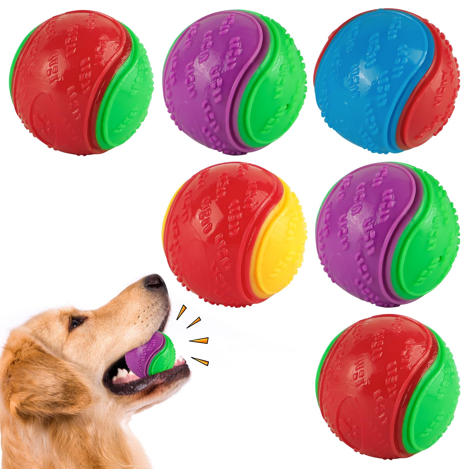 Sinmaklin Dog Balls Indestructible, 6 Pcs Squeaky Interactive Dog Ball, Chuck It Dog Ball, Rubber Dog Balls for Teeth Cleaning, Pet Training