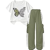 EuquixZeph Girls 2 Piece Outfits Kids Short Sleeve T-Shirt Top Cargo Pants Sweatsuit Tracksuit Jogger Sweatpants Sets 4-13Y