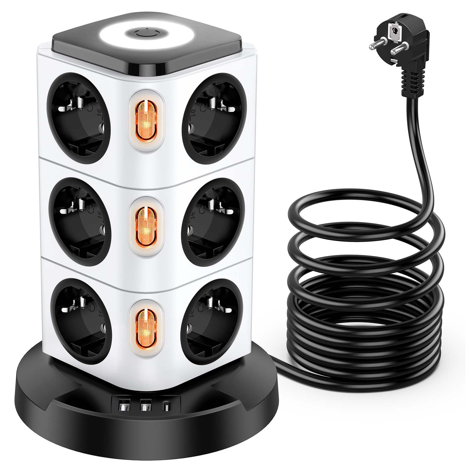 Tower Extension Lead with USB Slots and Night Light, Acodot 12 Way Multi Plug Extension & 3 USB Slots,Surge Protection Extension Lead 3M of Pure Copper Wire for Home, Office