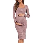 LAHILO Long Sleeve Maternity Sweater Dress for Fall Winter, Knit Ribbed Maternity Bodycon Dress