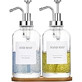 Glass Soap Dispenser with Pump, Dish and Hand Soap Dispenser for Kitchen Bathroom Set, Clear Glass Dispenser Set of 2 Pack with 18 Stickers Funnel Bamboo Tray 500ml 18oz / Each Bottle Sliver Pump