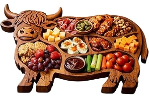 Highland Cow Wooden Charcuterie Board – Cute Highland Cow Shaped Serving Tray Cheese Platter with Multi-Compartment Design, R
