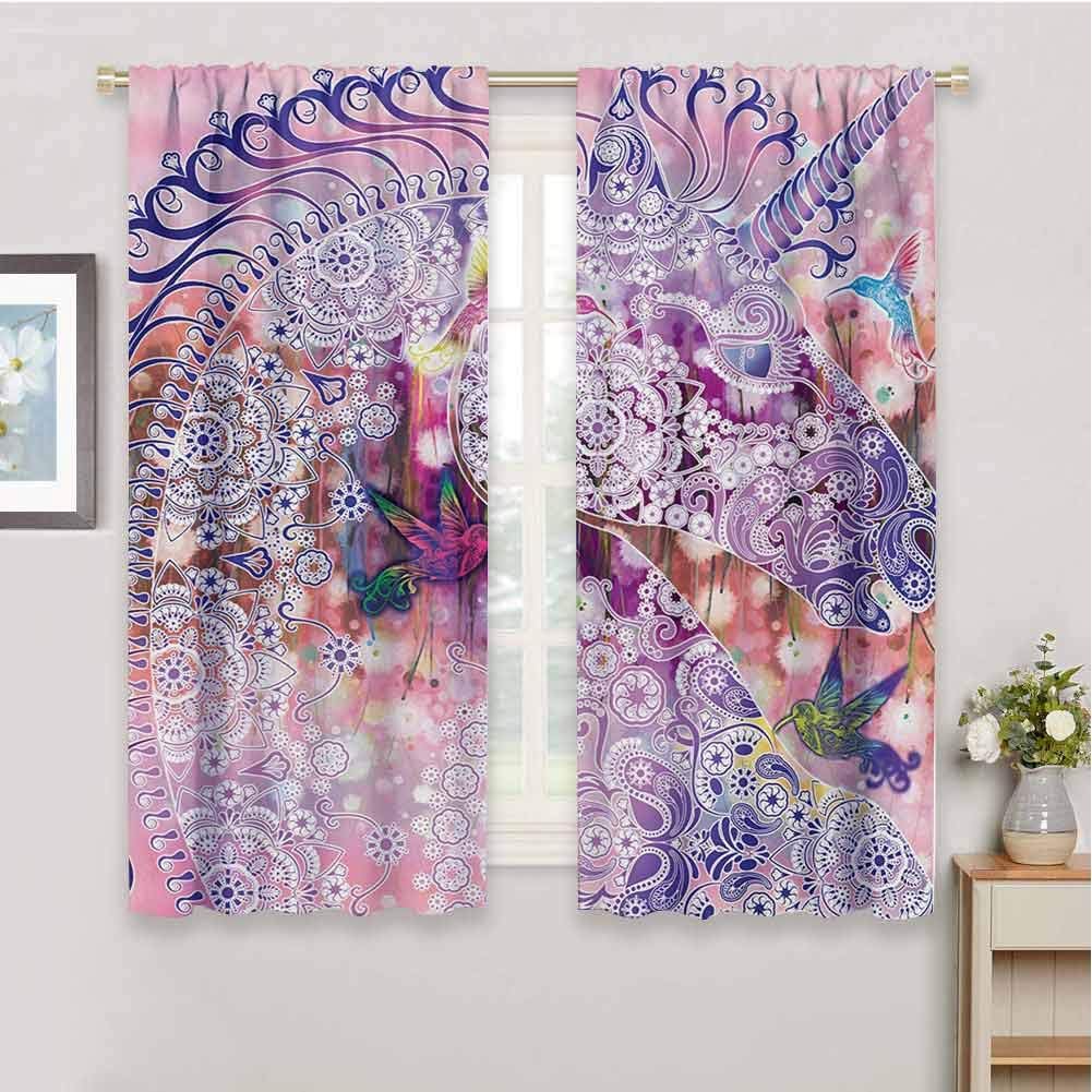 HoBeauty home Unicornkitchen curtainMagical Fantasy Animal with Floral Ornaments and Birds on Natural Pink Backgroundcurtain holdbackPink Purple55 x 63 inch