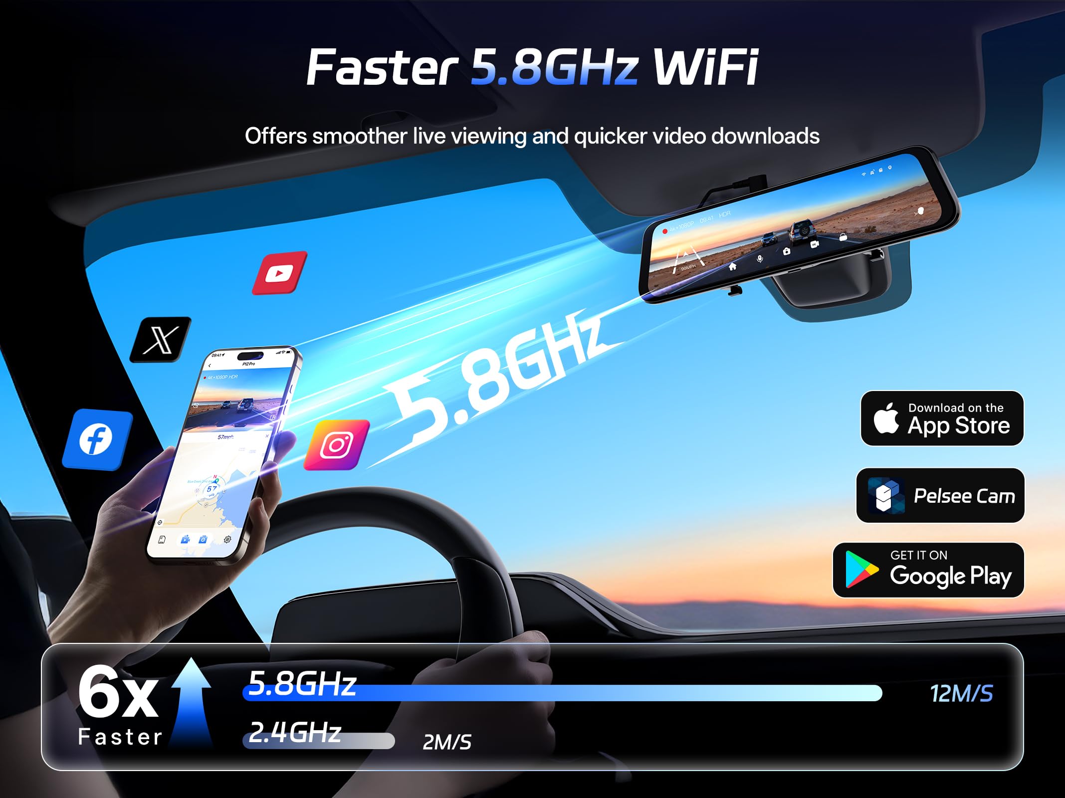 Pelsee P12 Pro 4K Mirror Dash Cam w/ADAS and BSD, 5.8GHz WiFi 20MB/s Download, Rear View Mirror Camera 4K Front and 1080P Rear, Voice Control, GPS, Color Night Vision, 12