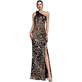 BluePlum Formal Wedding Guest Dress for Women, One-Shoulder Mesh Flower Sequin Cocktail Dress with High Split and Sexy Design