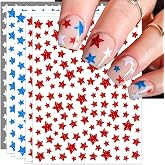 IDDFEVE 4th of July Nail Stickers, Glitter Red Blue White Star for Independence Day Patriotic Nail Decals, 3D Design Self-Adhesive USA Flag Star Nail Art (6 Sheets)