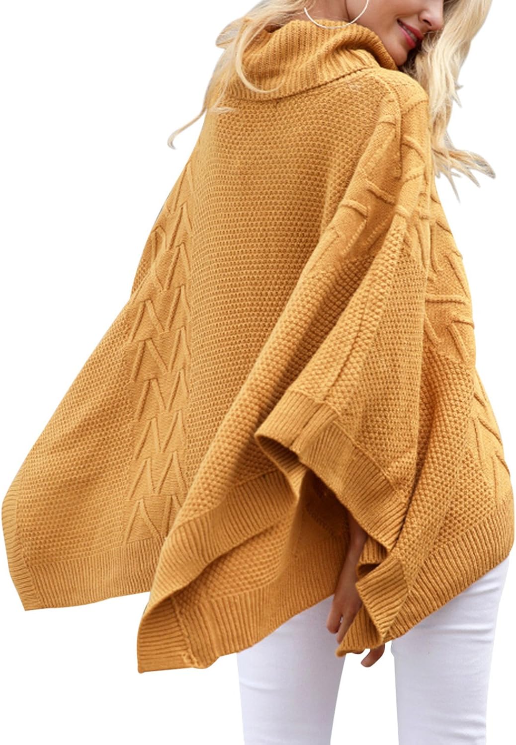 BerryGo Women's Chic Turtleneck Batwing Sleeve Asymmetric Knitted Poncho Pullovers Sweater Camel, One Size at  Women’s Clothing store