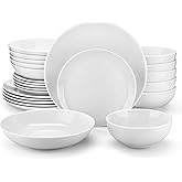 MALACASA 24-Piece Gourmet Porcelain Dinnerware Sets, Modern White Round Dish Set for 6 - Premium Serving Plates and Bowls Sets for Dessert, Salad, Soup, Pasta - Series AMELIA