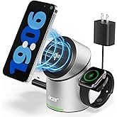 Acer Prime 3 in 1 Charging Station for Apple - Qi2 15W iPhone Wireless Charging Station, Magsafe Charger Stand for iPhone 17 16 15 14 13 12 - Apple Watch - Airpods Series (Charger & USB-C Included)