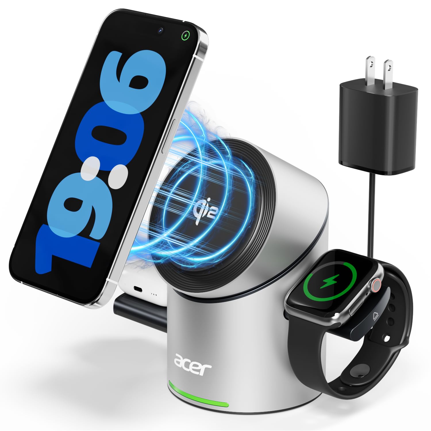 Acer Prime 3 in 1 Charging Station for Apple - Qi2 15W iPhone Wireless Charging Station, Magsafe Charger Stand for iPhone 17 16 15 14 13 12 - Apple Watch - Airpods Series (Charger & USB-C Included)