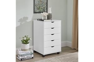 Naomi Home 5 Drawer Dresser for Bedroom, Stylish Tall Dressers with Wheels, Storage Shelves, Small Dresser for Closet, Makeup Dresser with 180 lbs Capacity - White