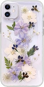 Abbery for iPhone 11 Flower case, Clear Soft TPU Flexible Rubber Pressed Dry Real Flowers Case Blue White Flower Case for iPhone 11 (Navy Flower)