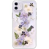 Abbery for iPhone 11 Phone Case Floral Cute Clear with Pressed Dry Real Flower Design Soft TPU Flexible Rubber Women Girls Blue White Flowers Shockproof Protective Case for iPhone 11 (Navy Flower)