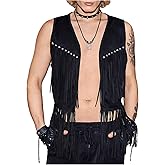 GORGLITTER Men's Fringe Western Vest Open Front Cowboy Vest Jacket 70s Outfits Tassel Tops
