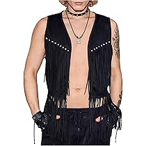 GORGLITTER Men's Fringe Western Vest Open Front Cowboy Vest