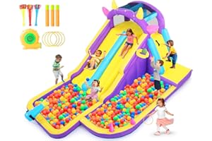JOYLDIAS Inflatable Water Slide,Water Park Bounce House,Slide Bouncer Castle Playhouse w/Splash Pool, Climbing Wall, Ring Toss Game for Kids Birthday Party Indoor Outdoor Fun, 480W Air Blower