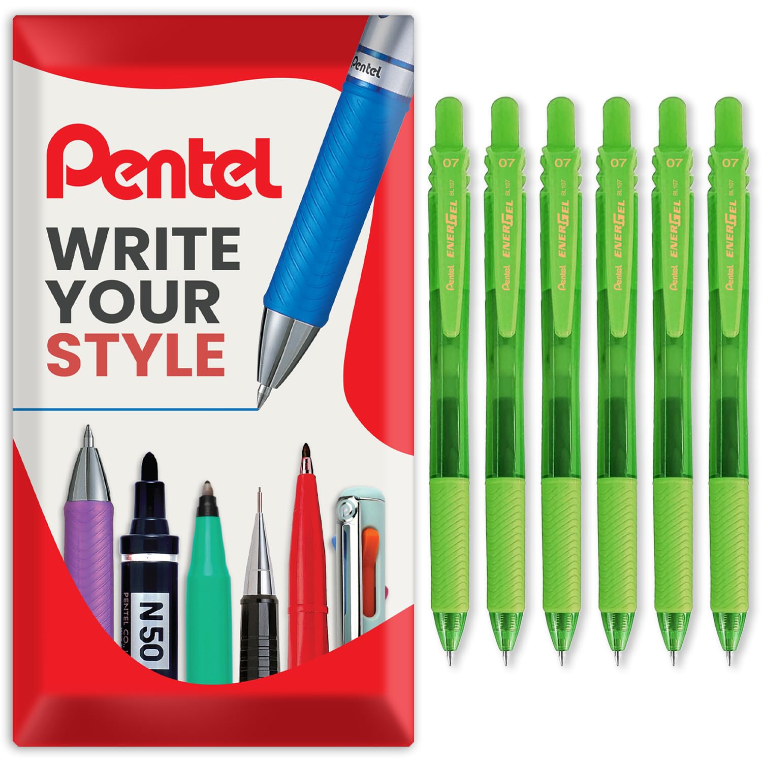 Pentel Energel X BL107 Retractable Gel Rollerball Pens - 0.7mm Nib - Pack of 6 in Envelope Gift Packaging (Lime Green)
