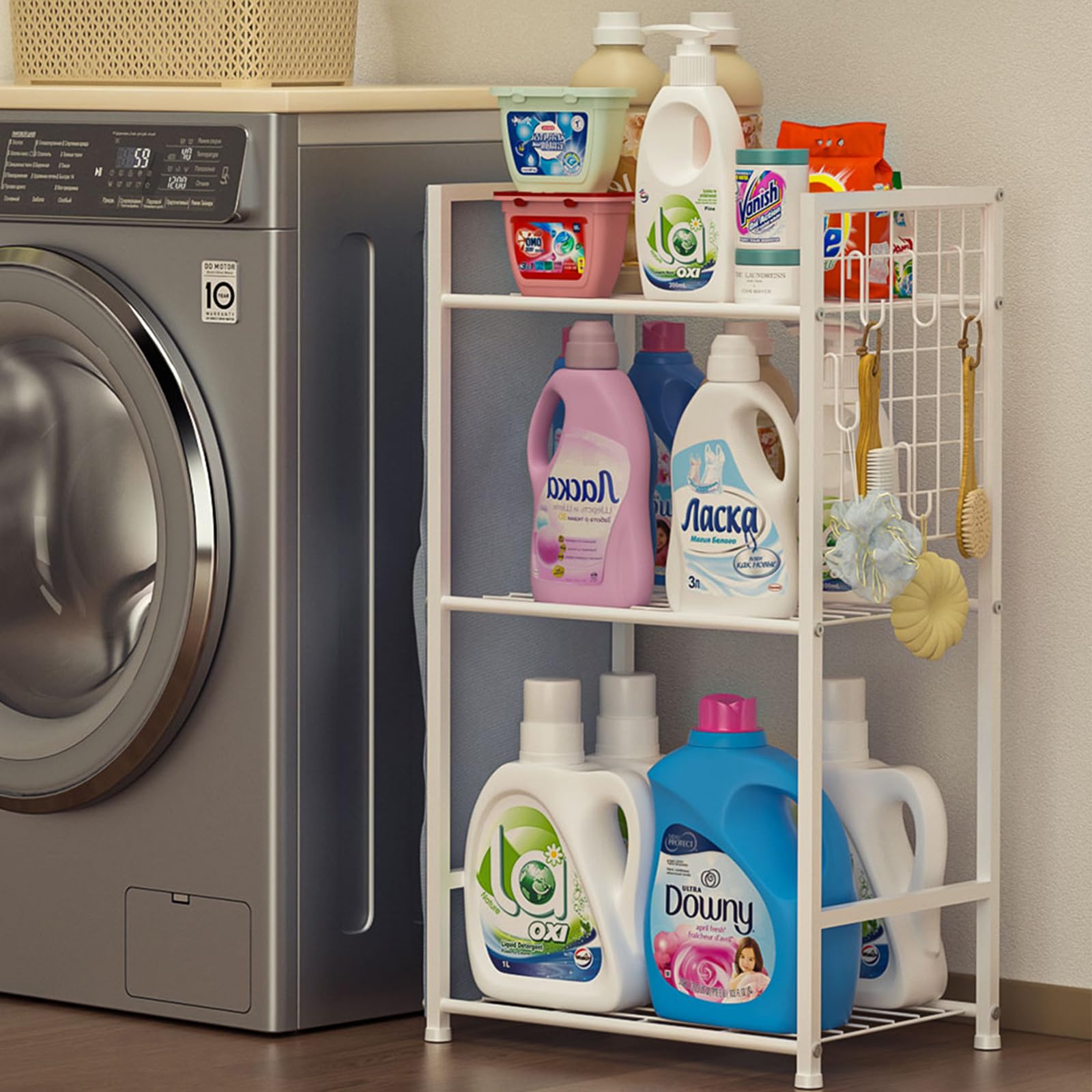 Photo 1 of Yociyoga 3 Tier Laundry Room Shelves - Metal Shelving Unit Rack & Multifunctional Standing Shelf with Bottles Storage Bags and 5PCS Hanging Hooks for Laundry Organization and Storage