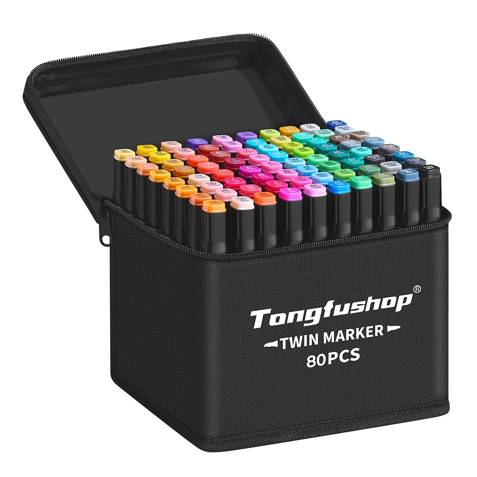 Tongfushop 80 Colored Marker Set, Colouring Pens for Adults, Dual Tip Art Alcohol Markers, Permanent Felt Tip Pens for Drawing, Sketching, Anime, Manga, Fun doodling with Carrying Case & Storage Base