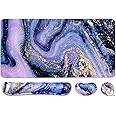4-in-1 Large Gaming Mouse Pad, Keyboard Wrist Rest Pad & Wrist Support Mousepad Set, Extended Desk Pad Waterproof Desk Mat for Home Office Study Game - Purple Marble
