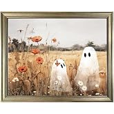 Framed Halloween Wall Art Vintage Ghost Painting Aesthetic Halloween Decor Cute Ghosts In Wildflower Meadow Print Picture