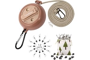 Portable Travel Clothesline Cord, Caudblor Adjustable 33ft Camping Clothes line, Laundry Drying Rope for Hotel Trip, Cruise, Outdoor/Indoor, with 12Pcs Stoppers, Windproof Clothespins