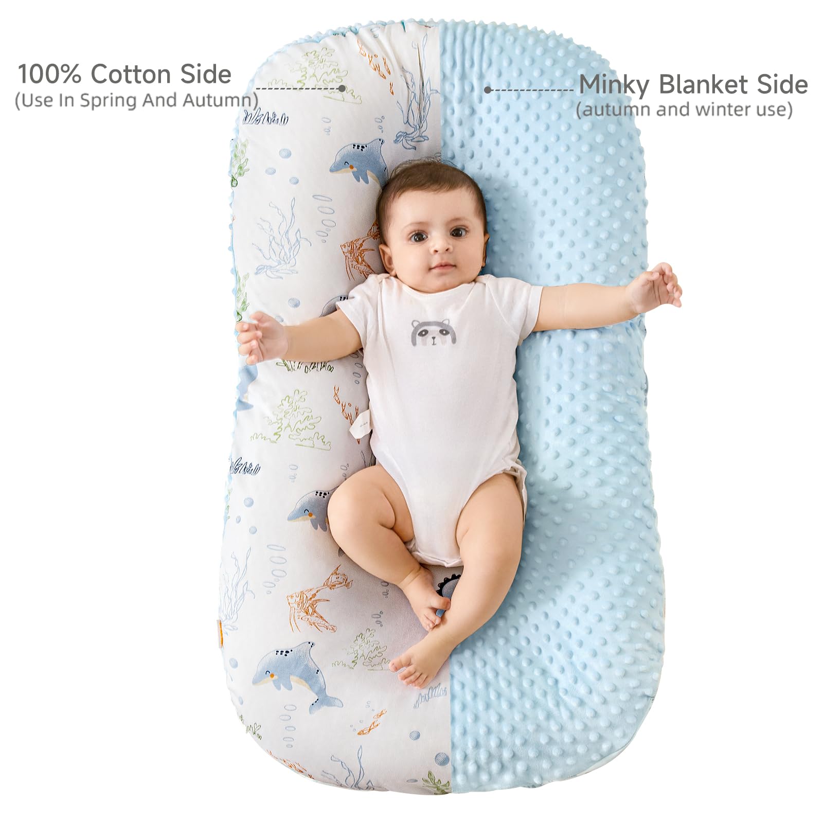 Baby Lounger Pillow, 2-in-1 Infant Lounger Pillow for Newborn 0-24 Months for Tummy Time, 2 Sides Soft & Breathable 100% Cotton Cover, Portable Baby Nest, Newborn Essentials & Gifts for Babies (Blue)