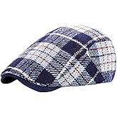 Men Wool Blend Flat-Top Tweed Newsboy Hat/Ivy Cap/Adjustable Plaid Driver's Hat