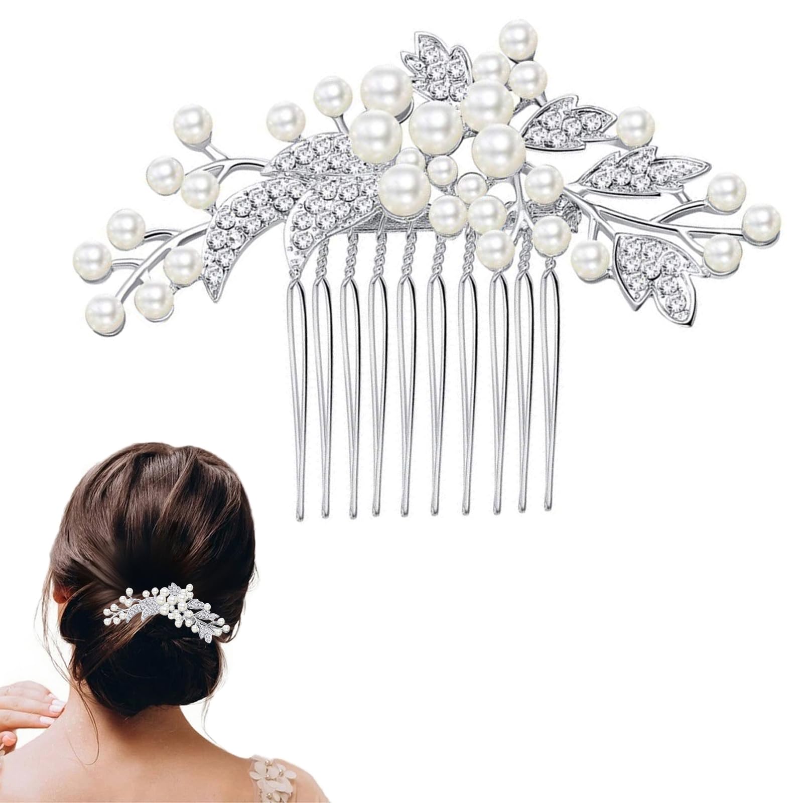 Ling & Bai Bride Wedding Hair Combs Bridal Pearl Headpieces Flower Side Pins Clip Leaf Hairpiece for Women and Girls (Silver-Classic)