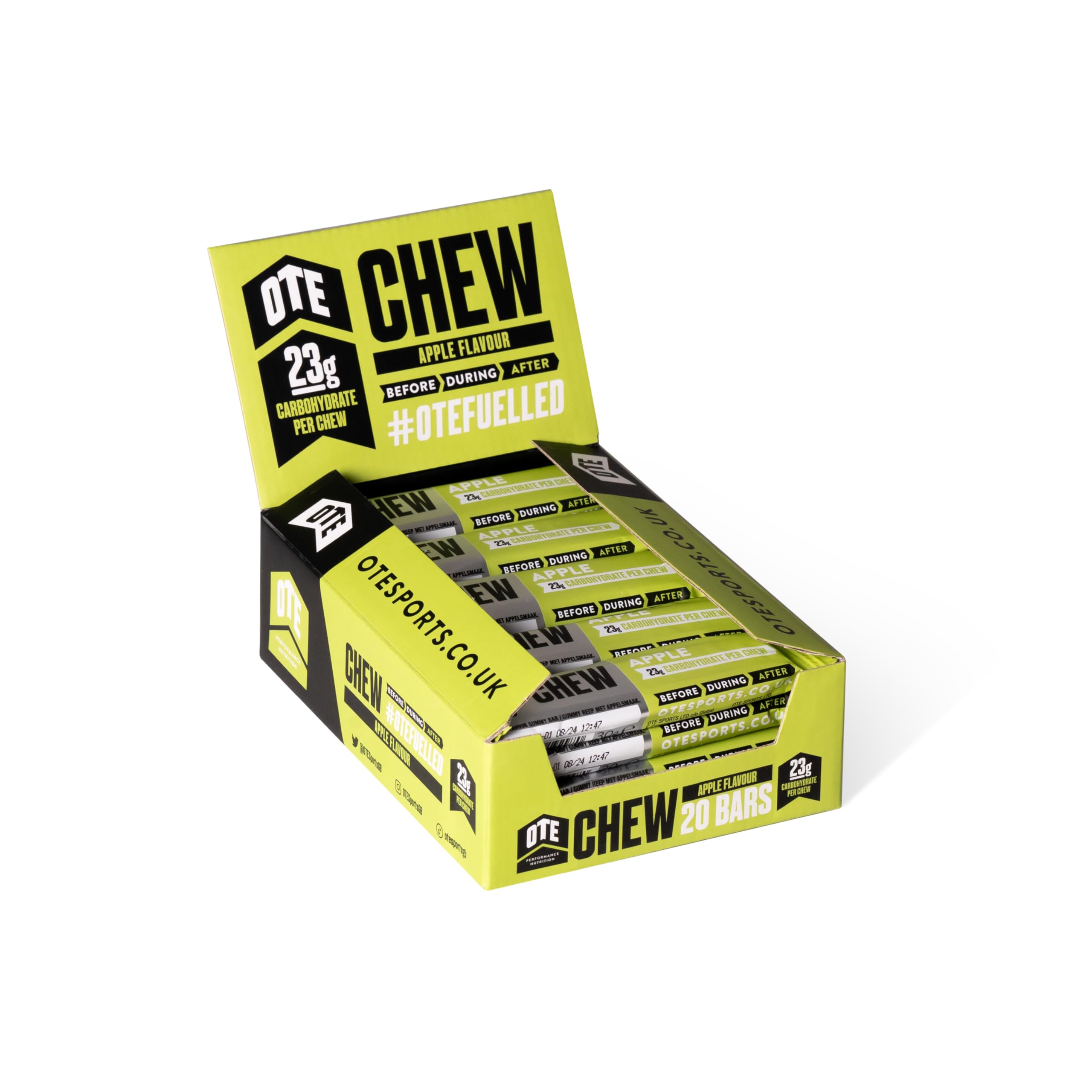 OTE Energy Chew with Electrolytes for Running, Cycling, Triathlon & Other Sports. All natural ingredients, vegan & gluten free, 23g of Carbs, 30g Energy Gummy Bar (20 pack) Apple.