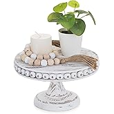 Hanobe Small Wood Cake Stand: White Cupcake Pedestal Stand 8 inch Dessert Display Riser Rustic Round Cakes Holder Tray Vintage Beads Wooden Plate for Wedding Birthday Decor