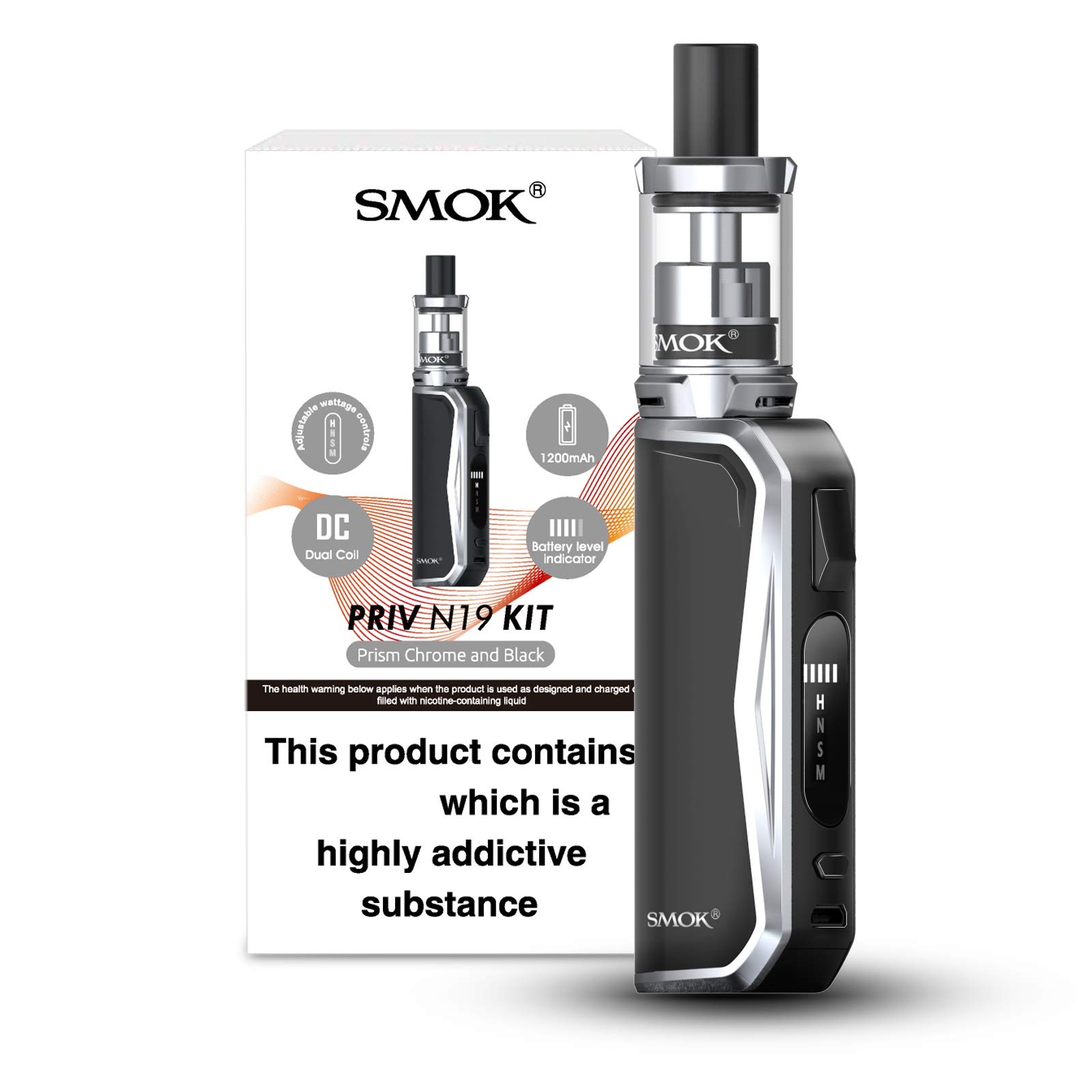 SMOK PRIV N19 Vape Starter Kit [Chrome] - Rechargeable 1200mAh Battery, 30W Output, Sleek, Compact, Powerful, Pen-Style, Works With Nord Coils, 2mL Capacity, E Cigarette, No Nicotine and No Liquid