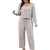 WDIRARA Women's Plus Size 2 Piece Lounge Sets Sleepwear Ribbed Long Sleeve Tee and Pants Pajama Set