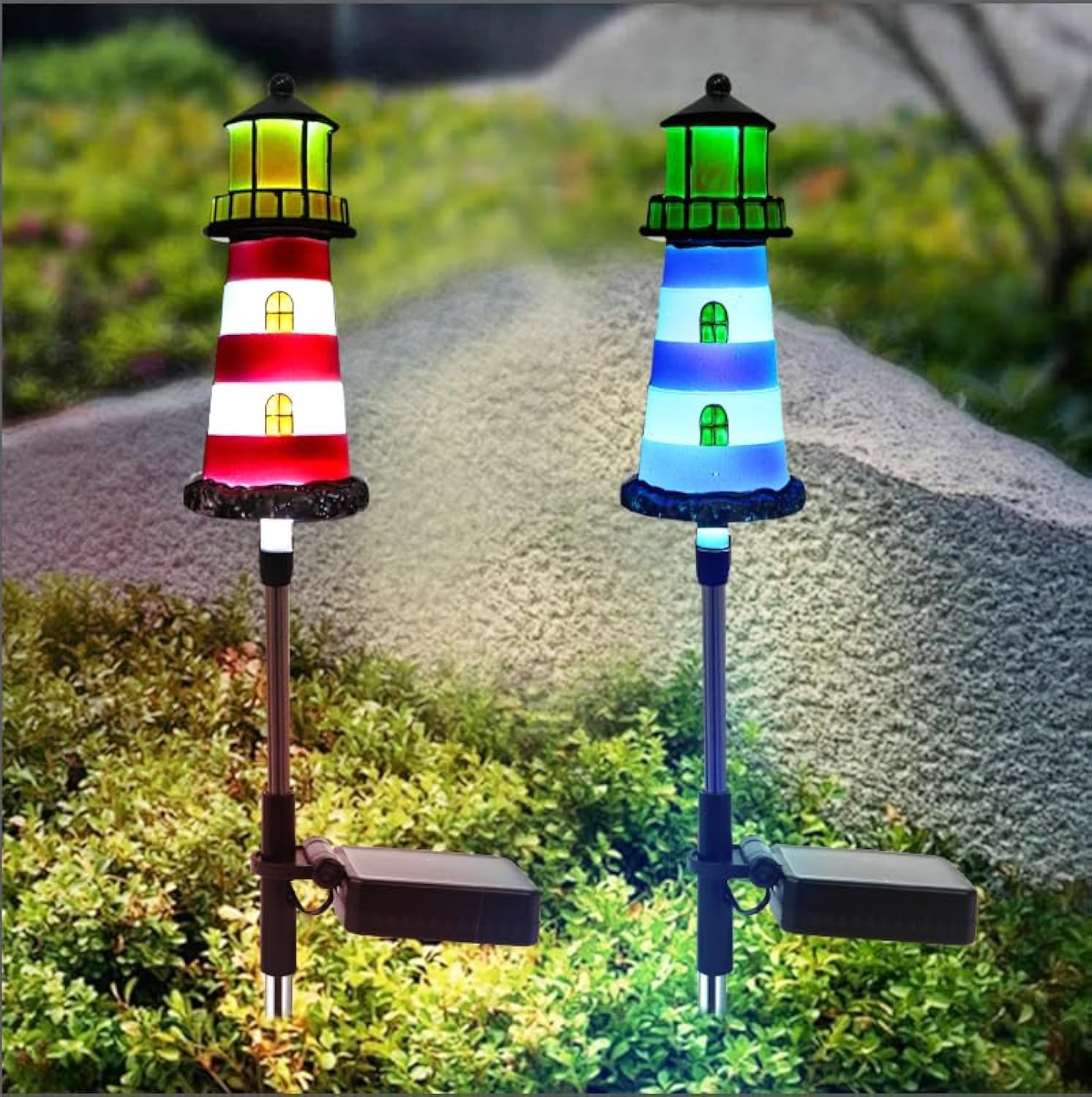Photo 1 of ****MISSING SOLAR PANELS AND YARD STAKES**** BEIDOULU Lighthouse Outdoor Solar Lights, 2 Packs Outdoor Waterproof, Solar Trail Lights Decor Your Garden Lighthouse, Flower beds, Patio Lights walkways Garden Decor for Outside