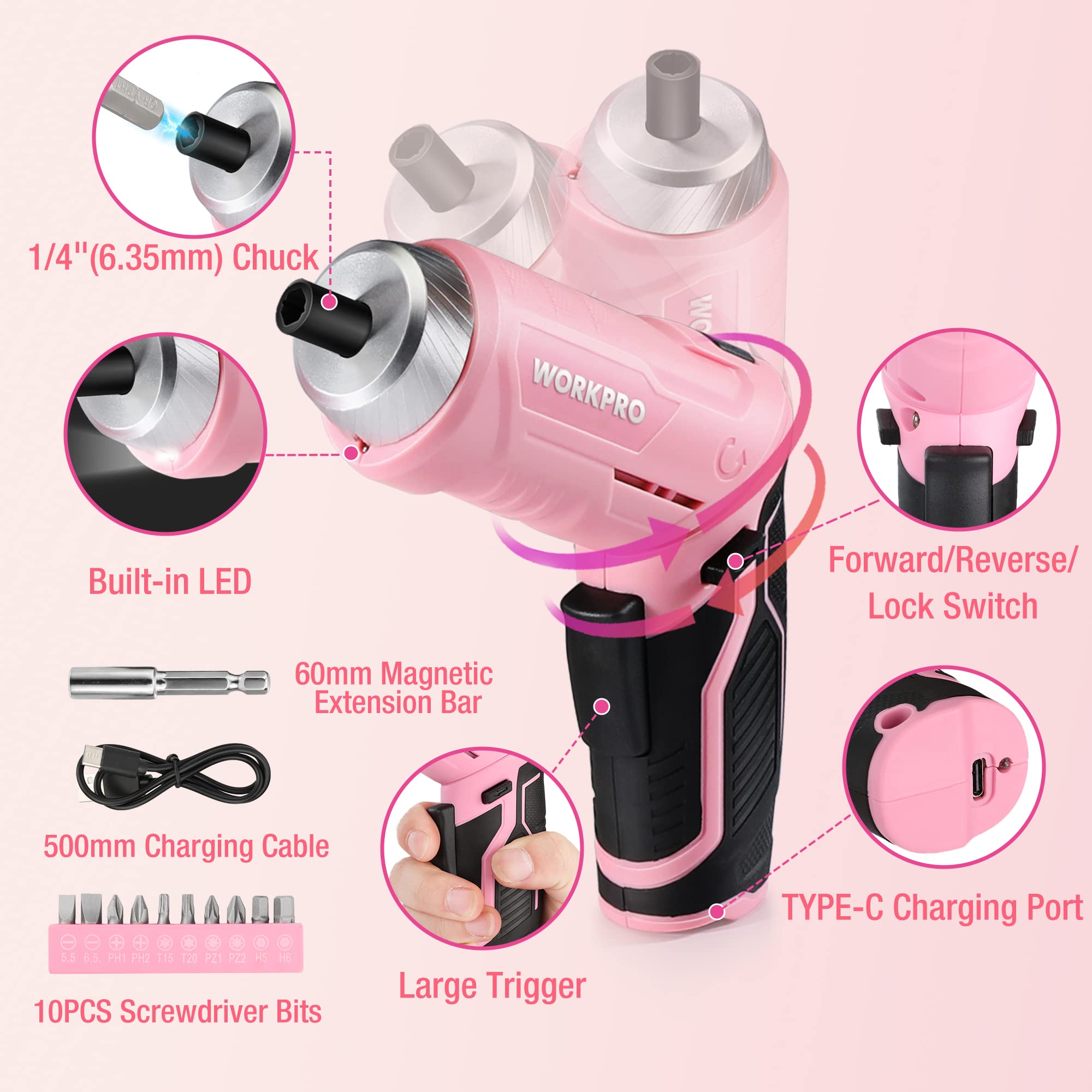 WORKPRO Werkzeugset Rosa pink 18 tlg. mit USB C Akkuschrauber klein, pinker Werkzeugkoffer gefüllt Haushalt, Werkzeugsatz für Heimwerker, Kinder, DIY Bastelei 2