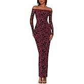 PRETTYGARDEN Womens Off The Shoulder Floral Maxi Bodycon Dress Fall Long Sleeve Mesh Fitted Long Formal Wedding Guest Dresses