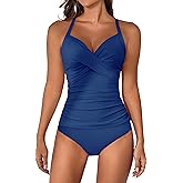 B2prity Women's Ruched Tankini Swimsuits V Neck Wrap Tie Back Two Pieces Bathing Suit Tummy Control Swimwear