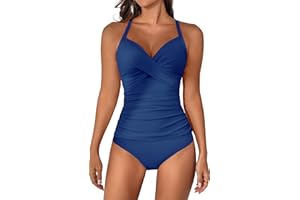 B2prity Women's Ruched Tankini Swimsuits V Neck Wrap Tie Back Two Pieces Bathing Suit Tummy Control Swimwear