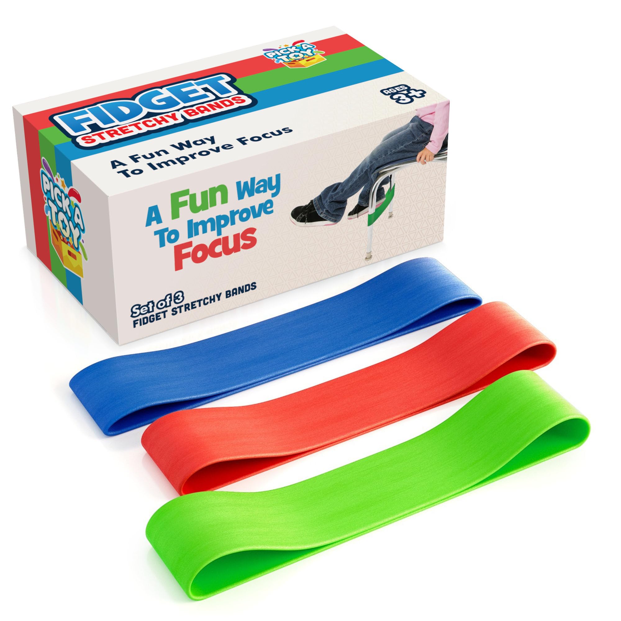 Stretchy Resistance Fidget Bands Toy For Kids 3 Pack | Bounce, Kick & Stretch Your Feet | For ADHD, ADD, SPD, Autism & Poor Concentration | Improve Classroom Focus, Ameliorate Sensory Input