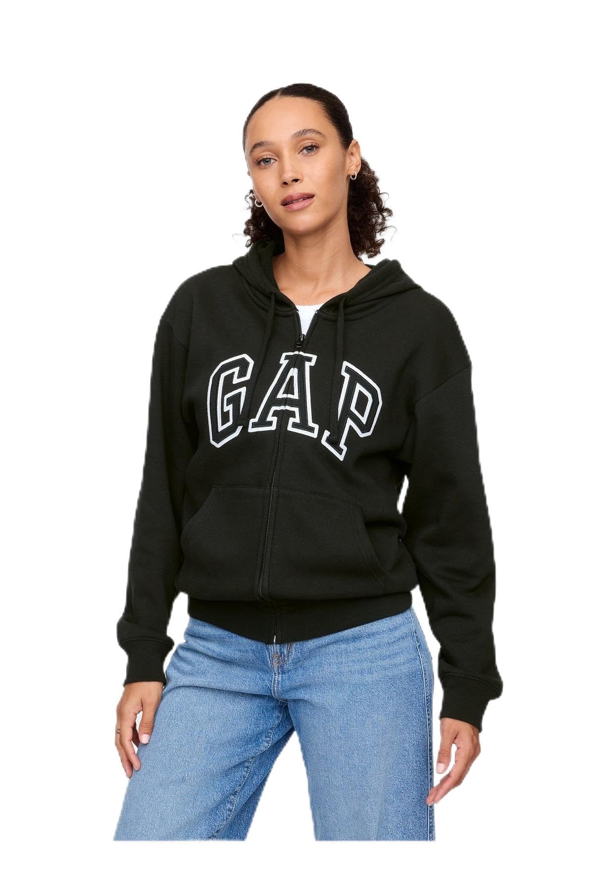 GAP womens Logo Hoodie Hooded Full Zip Sweatshirt True Black V2 L Image
