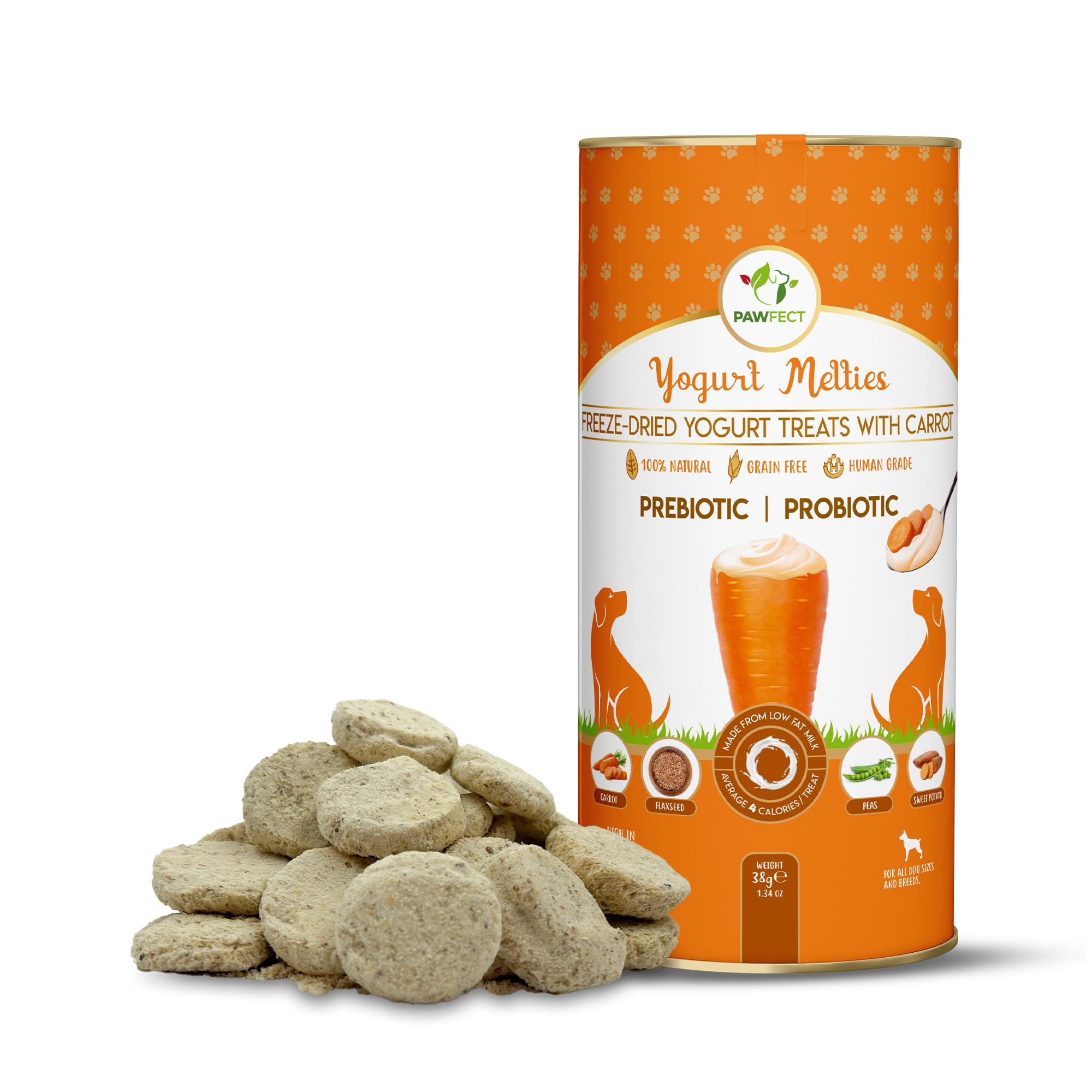 Pawfect Yogurt Melties Freeze Dried Pre and Probiotic Dog Treats with Carrot, Flaxseed, Pea & Sweet Potato - Healthy Gut - Low Calories - Grain & Gluten Free - Reward or Training Treats (38g/1.34oz)
