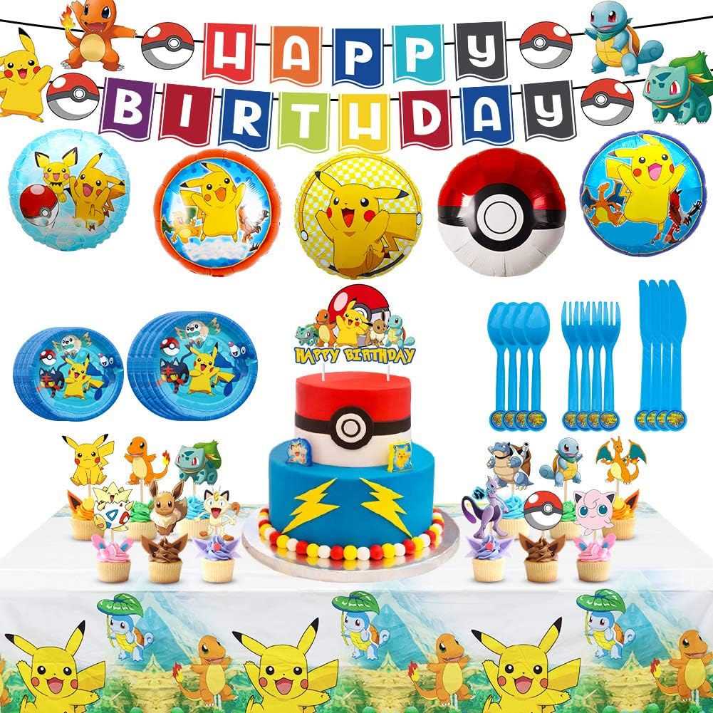77個 誕生日パーティー用品 子供と男の子用 ピカチュウパーティー記念品 誕生日ケーキトッパー装飾 バルーン バナー プレート テーブルカバー ナイフ フォーク スプーン パーティーグッズ おもちゃ Amazon
