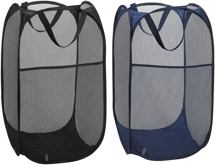 julie Pack of 2 Foldable Pop-Up Laundry Hamper with Side Pocket, Durable Mesh Hamper Clothes Laundry Basket Storage Bag with Reinforced Carry Handles for Dirty Clothes,Black and Blue
