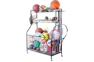 Garage Sports Equipment Organizer,Ball Organizer for Garage with Baskets and Hooks, Ball Holder Storage,Toy Storage Rack