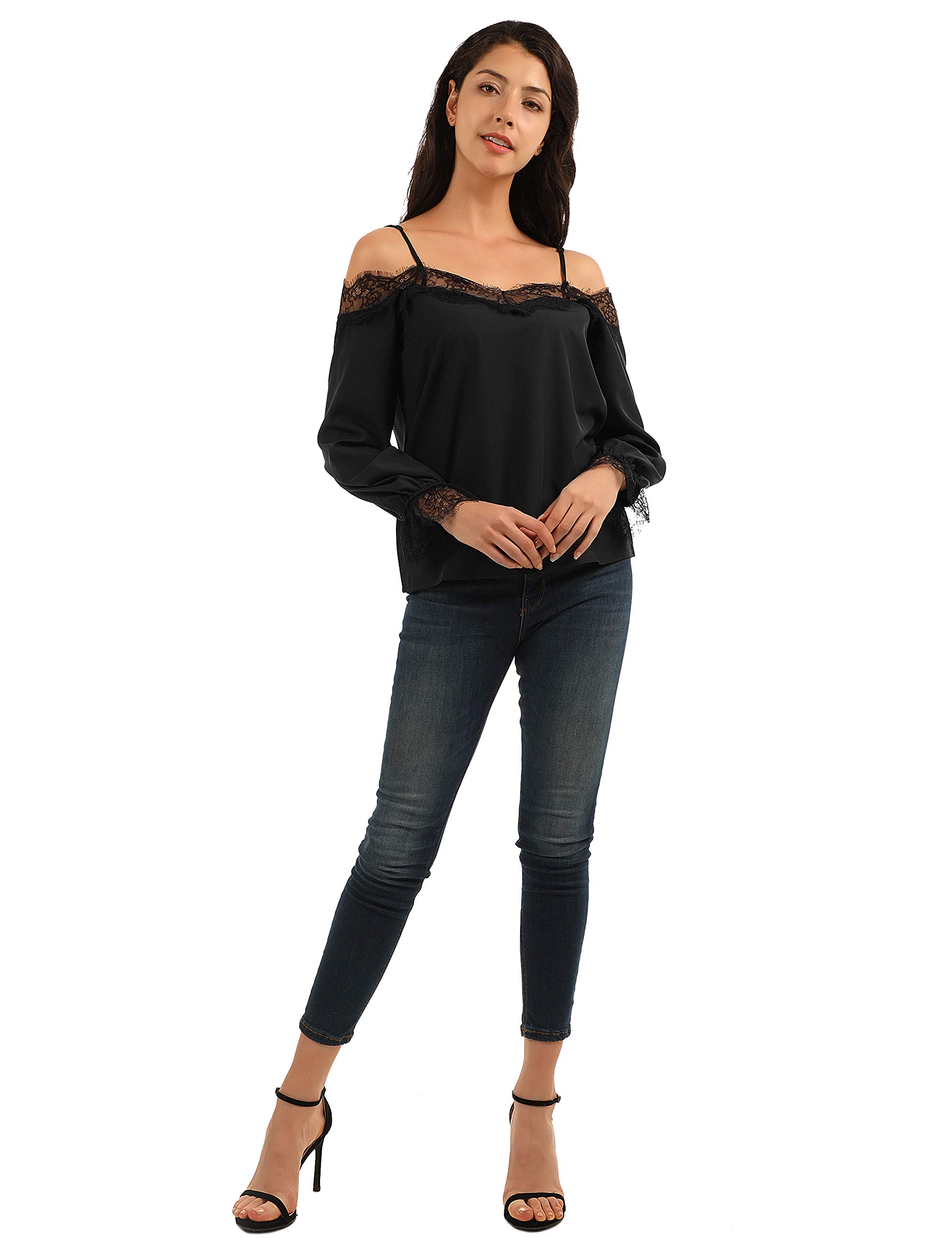 Blooming Jelly Womens Off Cold Shoulder Lace Top V Neck Puff Sleeve Shirt Spaghetti Cute Blouse (Small, Black)